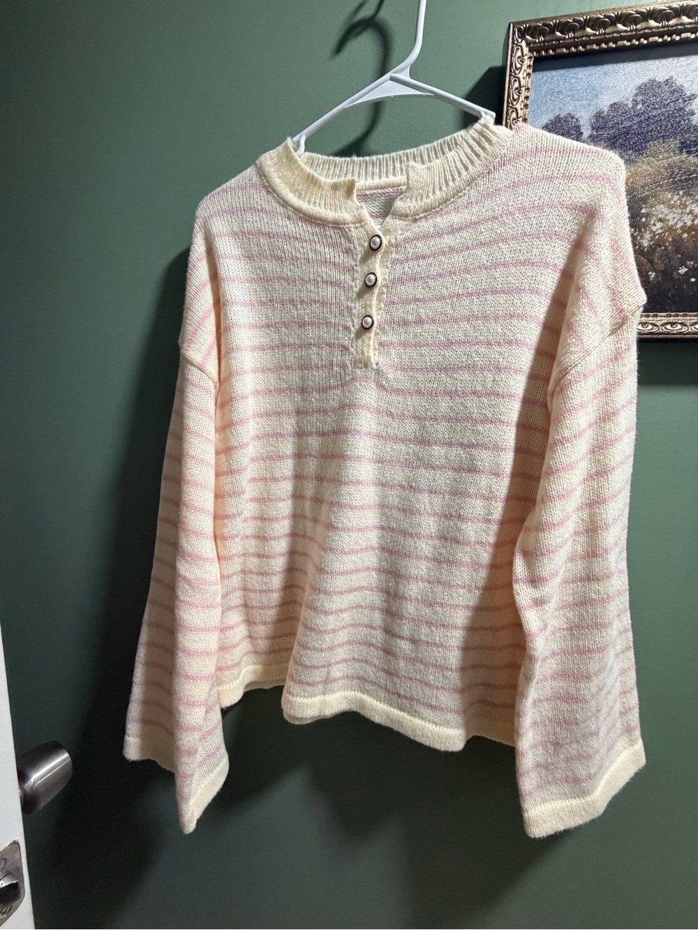 SHEIN Cream & Light Pink Striped Henley Sweater